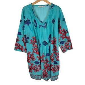 Soft Surroundings Tropical Ocean Print Beaded Tunic Dress Womens Medium Blue